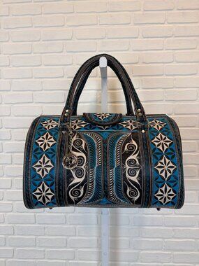 Banda Bags Embroidered Barrel Satchel Turquoise Black Southwestern